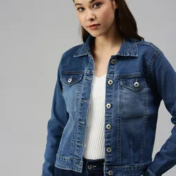 SHOWOFF Women Blue Washed Denim Jacket with Patchwork-image-32