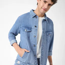 Urbano Fashion Men Washed Denim Jacket with Patchwork-image-64