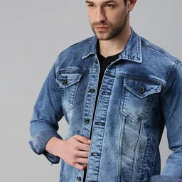 SHOWOFF Men Blue Washed Windcheater Denim Jacket with Patchwork-image-92