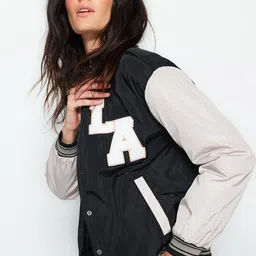 Trendyol Typography Self Design Stand Collar Patchwork Varsity Jacket-6