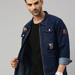 VOXATI Men Floral Striped Longline Denim Jacket with Patchwork-image-87