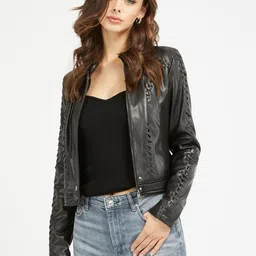 GUESS Women Solid Crop Biker Jacket-image-53
