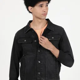 Lee Men Black Washed Crop Denim Jacket-image-94