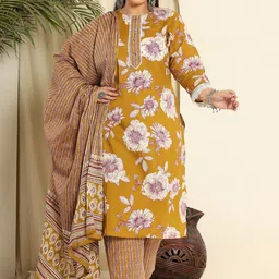 Yufta Plus Size Floral Printed Pure Cotton Straight Kurta With Trouser And Dupatta-picture-34