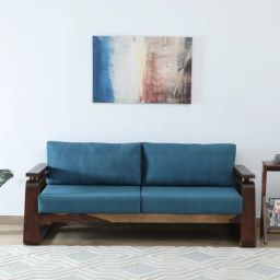 woodsworth from pepperfry Petra Sheesham Wood 3 Seater Sofa In Blue Colour-picture-25