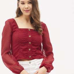 Casual Puff Sleeves Solid Women Maroon Top-image-20