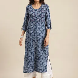 KSUT Women Blue & White Floral Printed Mirror Work Kurta-image-5