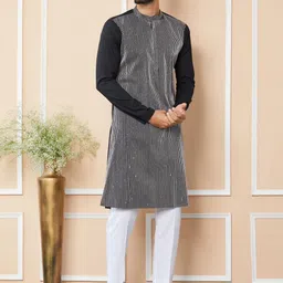See Designs Mandarin Collar Long Sleeves Striped Thread Work Cotton Straight Kurta-picture-30