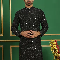 Anouk Black Ethnic Motifs Embroidered Sequinned Detailed Cotton Silk Straight Kurta-image-86