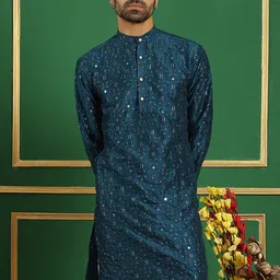Anouk Teal Blue Ethnic Motifs Embroidered Sequinned Detailed Cotton Silk Straight Kurta-image-11