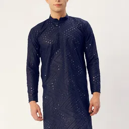 Jompers Men Navy Blue Ethnic Motifs Printed Pure Cotton Mirror Work Kurta-picture-22
