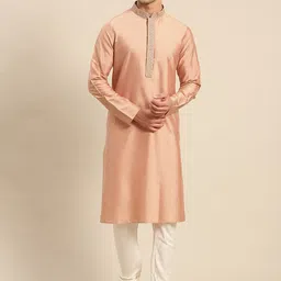 KISAH Mandarin Collar Thread Work Cotton Silk Kurta-image-53