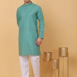 KRAFT INDIA Striped Thread Work Mandarin Collar Cotton Linen Straight Kurta-image-32