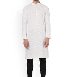 Shiv Leela Floral Embroidered Mandarin Collar White Romance Cotton Straight Kurta-picture-47