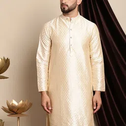 Anouk Ethnic Motifs Woven Design Band Collar Silk Cotton Regular Kurta-image-96