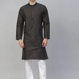 MANQ Men Black Mandarin Collar Striped Straight Kurta-image-36