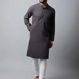 even Men Black Checked Woven Design Kurta-image-33
