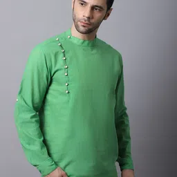 even Men Green Solid Side Placket Band Collar Pure Cotton Short Kurta-25