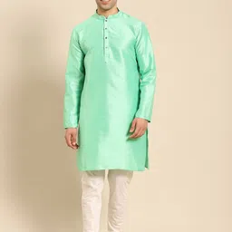Amodh by Kisah Men Green Solid Cotton Thread Work Kurta-picture-4