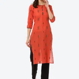 Kurti's by Menka Women Red Ethnic Motifs Printed Straight Cotton Kurta-picture-5