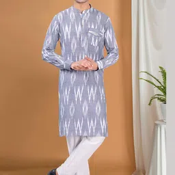 SHIWAM ETHNIX Abstract Ikat Printed Band Collar Kurta-image-16