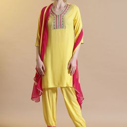 STYLEBAAZI V-Neck Geometric Embroidered Yoke Design Straight Kurta With Salwar & Dupatta-image-18