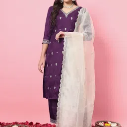 VredeVogel Ethnic Motifs Embroidered Thread Work Straight Kurta With Trousers & Dupatta-2