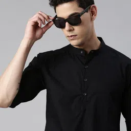 Kryptic Men Black Solid Cotton Mandarin Collor Short kurta-picture-16