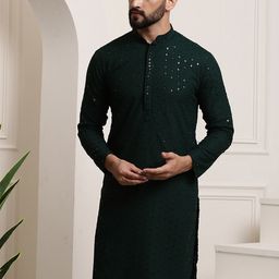 SOJANYA Ethnic Motifs Embroidered Sequinned Long Sleeves Straight Pure Cotton Kurta-image-80