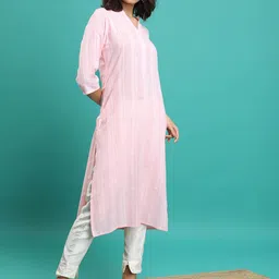 Vishudh Pink Striped Mandarin Collar Cotton Straight Kurta-image-74
