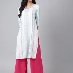 AURELIA Women White Striped Flared Sleeves Thread Work Kurta-image-74