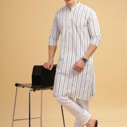 Anouk Striped Mandarin Collar Cotton Thread Work Kurta-image-35