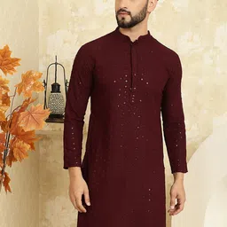 SOJANYA Ethnic Motifs Embroidered Sequinned Long Sleeves Straight Pure Cotton Kurta-picture-29