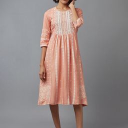 W Women Orange Ethnic Motifs Striped Flared Sleeves Thread Work Kurta-image-53