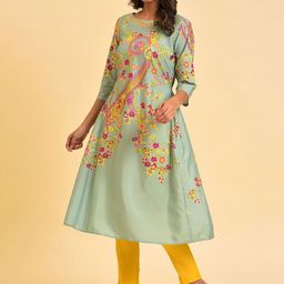 W Blue & Pink Floral Printed Flared Sleeves Thread Work Kurta-picture-39