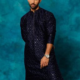 VASTRAMAY Floral Embroidered Mandarin Collar Long Sleeve Straight Sequins Kurta-image-77