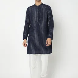 Ethnicity Men Navy Blue Striped Embellished Kurta-picture-16