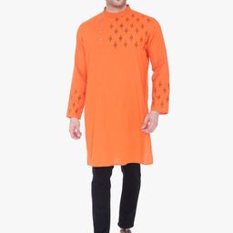 Kuons Avenue Men Orange Geometric Printed Pure Cotton Angrakha Kurta-image-93