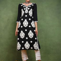 KALINI Floral Embroidered Notch Neck Thread Work Straight Kurta-16