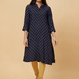 Globus Navy Blue Ethnic Motifs Printed Mandarin Collar Roll-Up Sleeves Straight Kurta-13