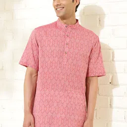 Fabindia Geometric Block Printed Band Collar Pure Cotton Straight Kurta-image-62