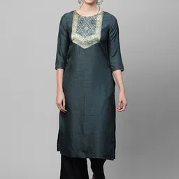 Indo Era Women Grey Yoke Design Keyhole Neck Thread Work Kurta-picture-45