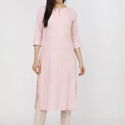 Vishudh Women Pink Keyhole Neck Thread Work Kurta-17