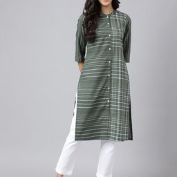 AURELIA Striped Cotton Band Collar Kurta-picture-17