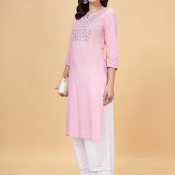 YU by Pantaloons Geometric Yoke Design Notch Neck Thread Work Pure Cotton Straight Kurta-17