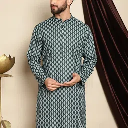 Anouk Green Ethnic Motifs Printed Band Collar Straight Cotton Linen Kurta-image-43