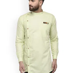 Benstoke Men Lime Green Cotton Blend Short Asymmetric Hem Kurta-image-93