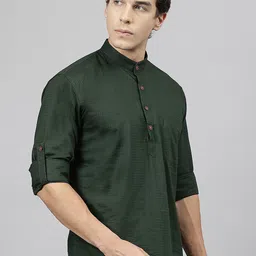 Hancock Self Design Band Collar Roll Up Sleeves Pure Cotton Short Kurta-26
