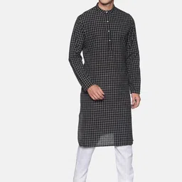 Saffron Threads Men Black & White Checked Cotton Kurta-96