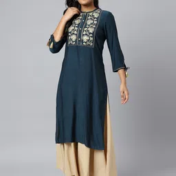 AURELIA Women Blue & Gold-Toned Yoke Design Thread Work Kurta-picture-15